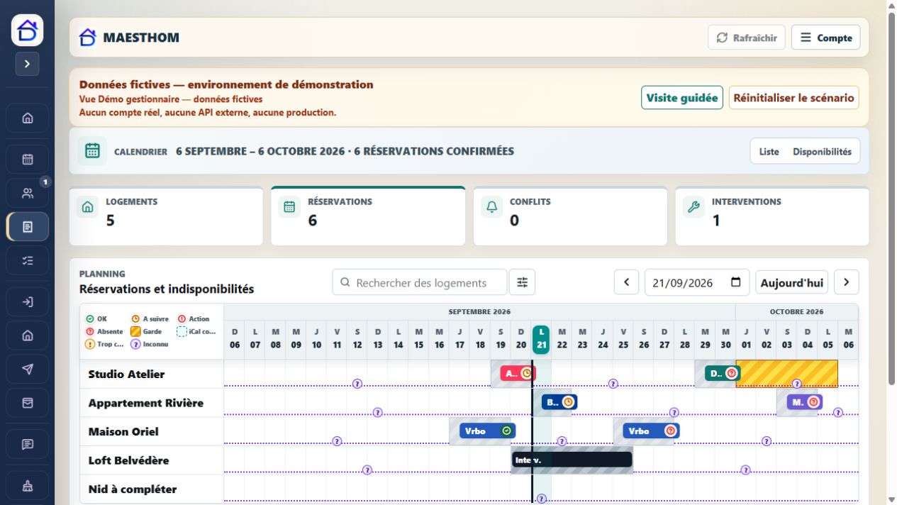 Calendrier MAESTHOM fictif réunissant séjours, indisponibilités et statuts de plusieurs logements.