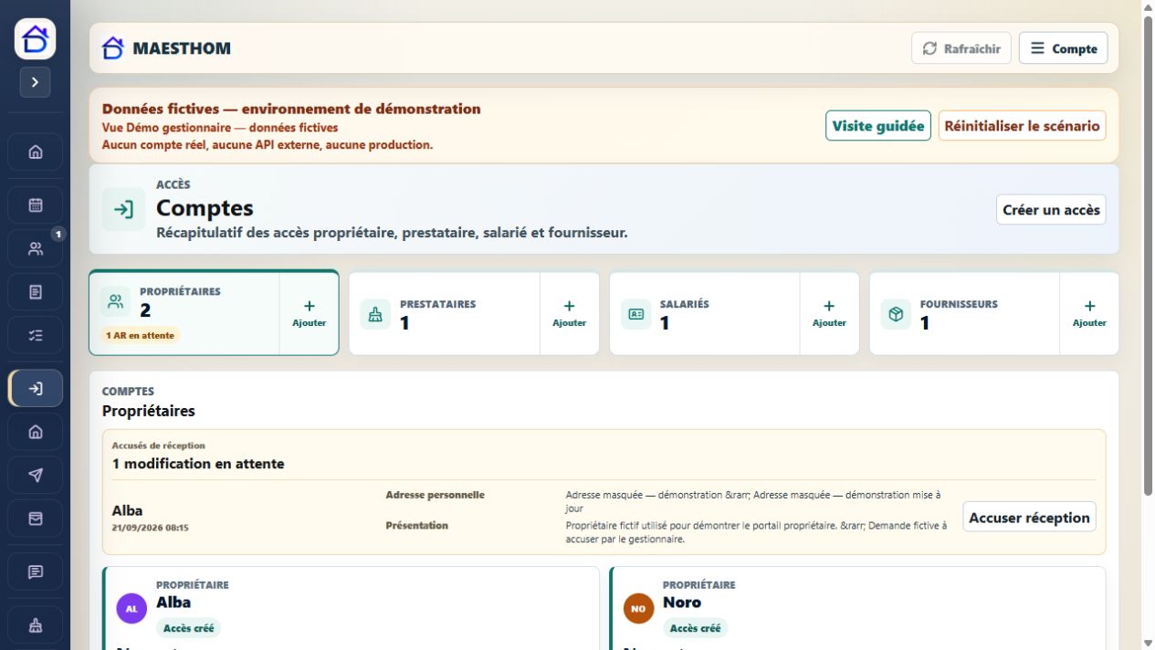 Écran MAESTHOM fictif montrant la séparation entre comptes propriétaires, prestataires et fournisseurs.