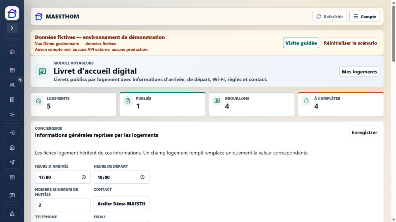 Livret d’accueil MAESTHOM fictif présentant des informations de logement et de séjour.