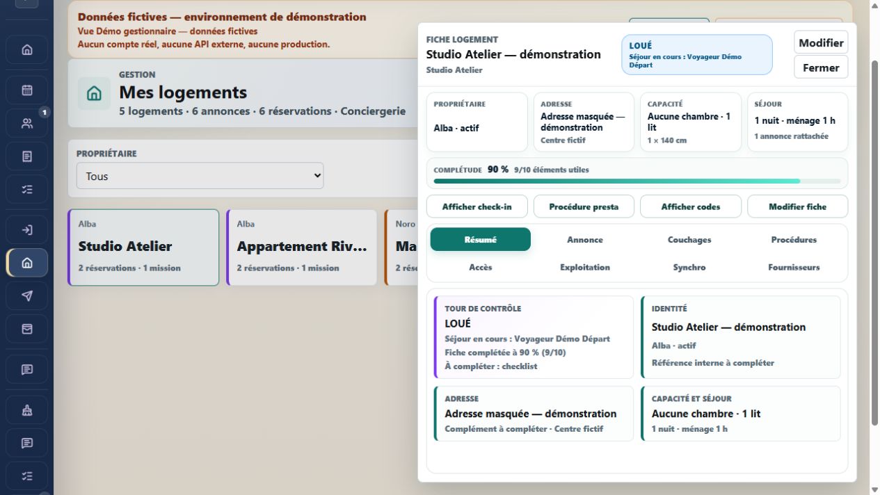 Fiche logement MAESTHOM avec statut, complétude, actions et onglets d’exploitation.