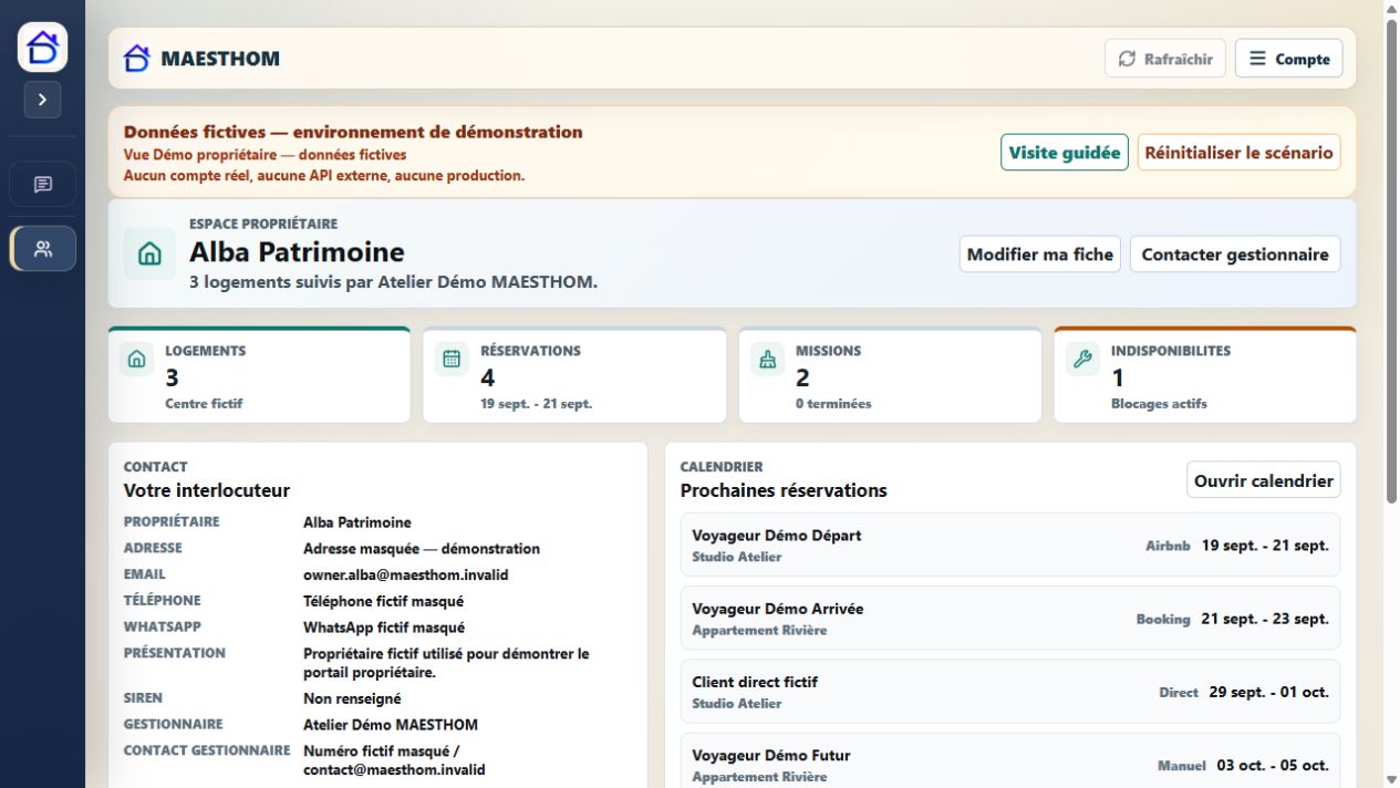 Portail propriétaire MAESTHOM fictif limité aux logements, réservations et missions autorisés.