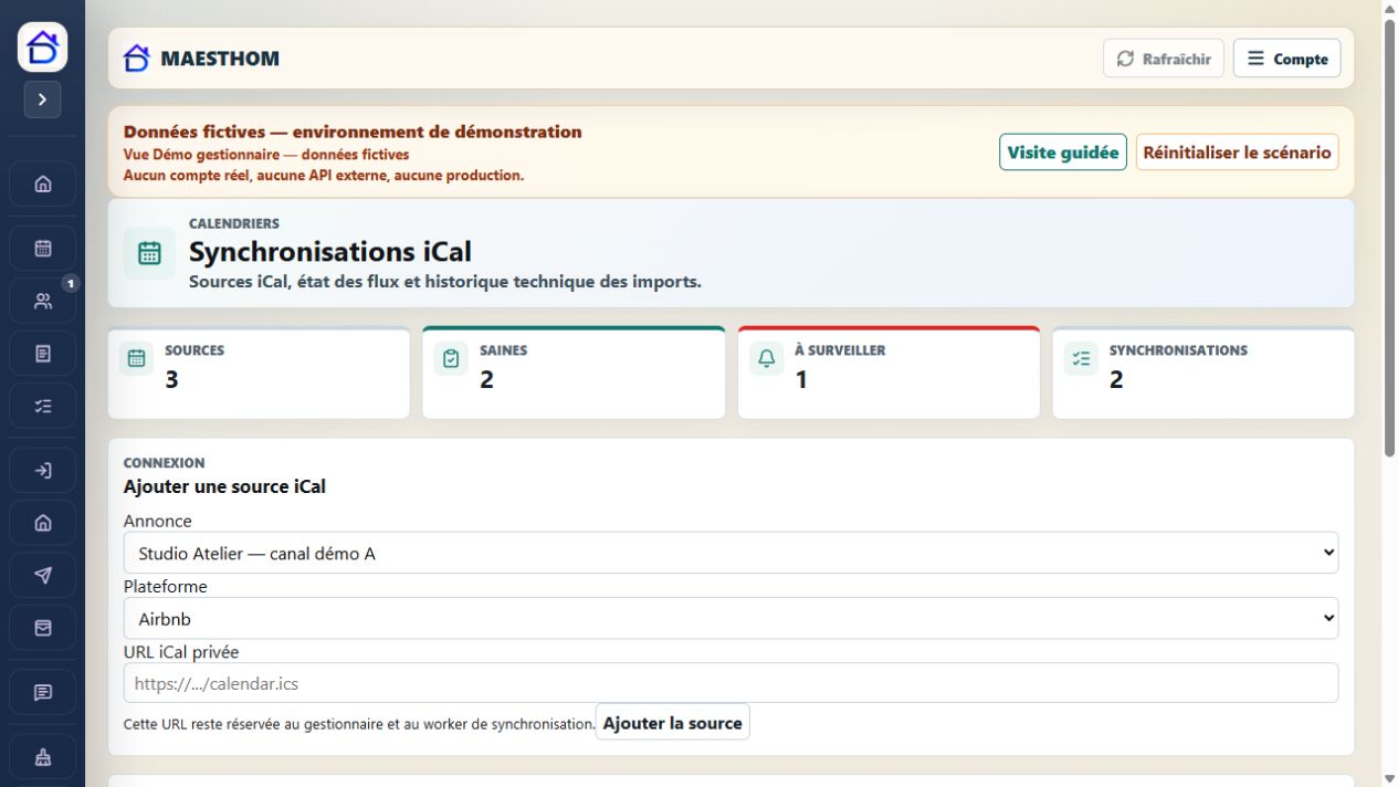 Liste fictive de sources iCal dans MAESTHOM pouvant provenir d’annonces ou d’un outil de distribution externe.